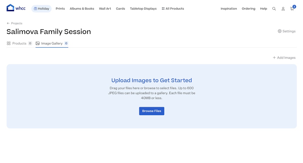 Project image gallery tab displaying an empty state message, "Upload Images to Get Started" with a "Browse Files" button