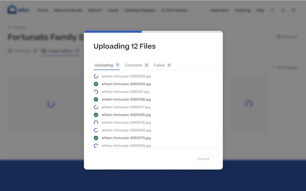 Image file upload modal open over a project gallery tab with list of the filenames currently being uploaded