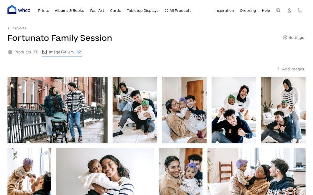 "Fortunato Family Session" project name displayed above an image gallery grid displaying the files that have been uploaded to the gallery. Buttons are available to visit the products tab or add new images