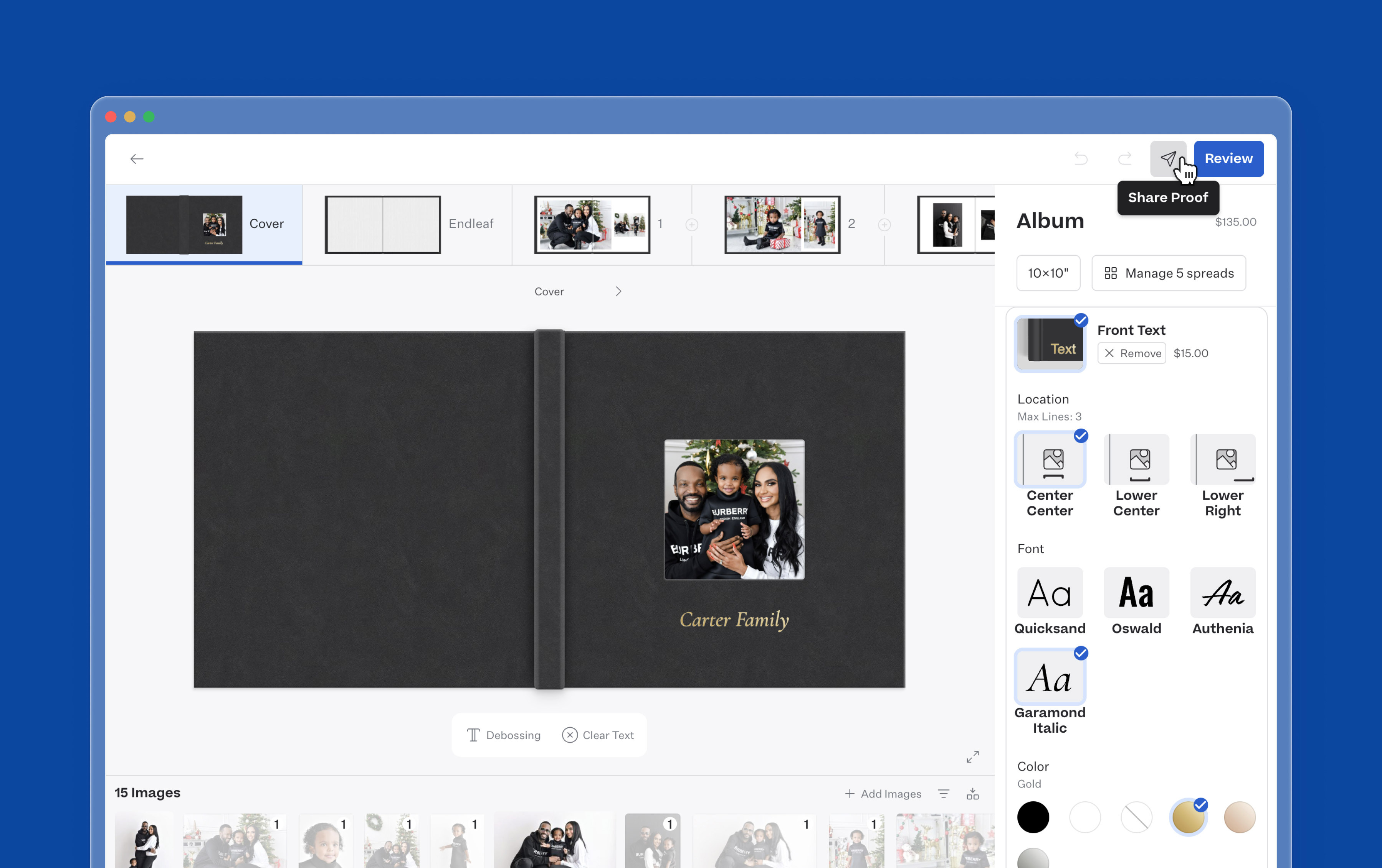 Screen capture of a browser window over a dark blue background featuring a family portrait album designer with cursor hovering over "Share" icon button in the top right menu bar