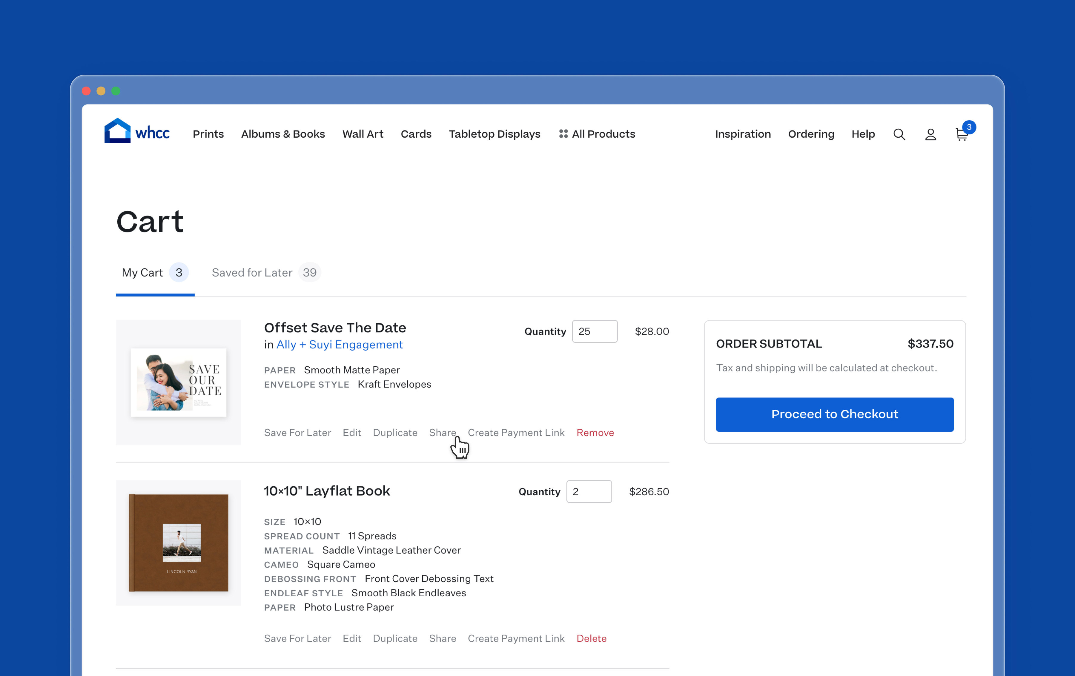 Screen capture of a browser window over a dark blue background featuring a WHCC cart with cursor hovering over "Share" button on a product