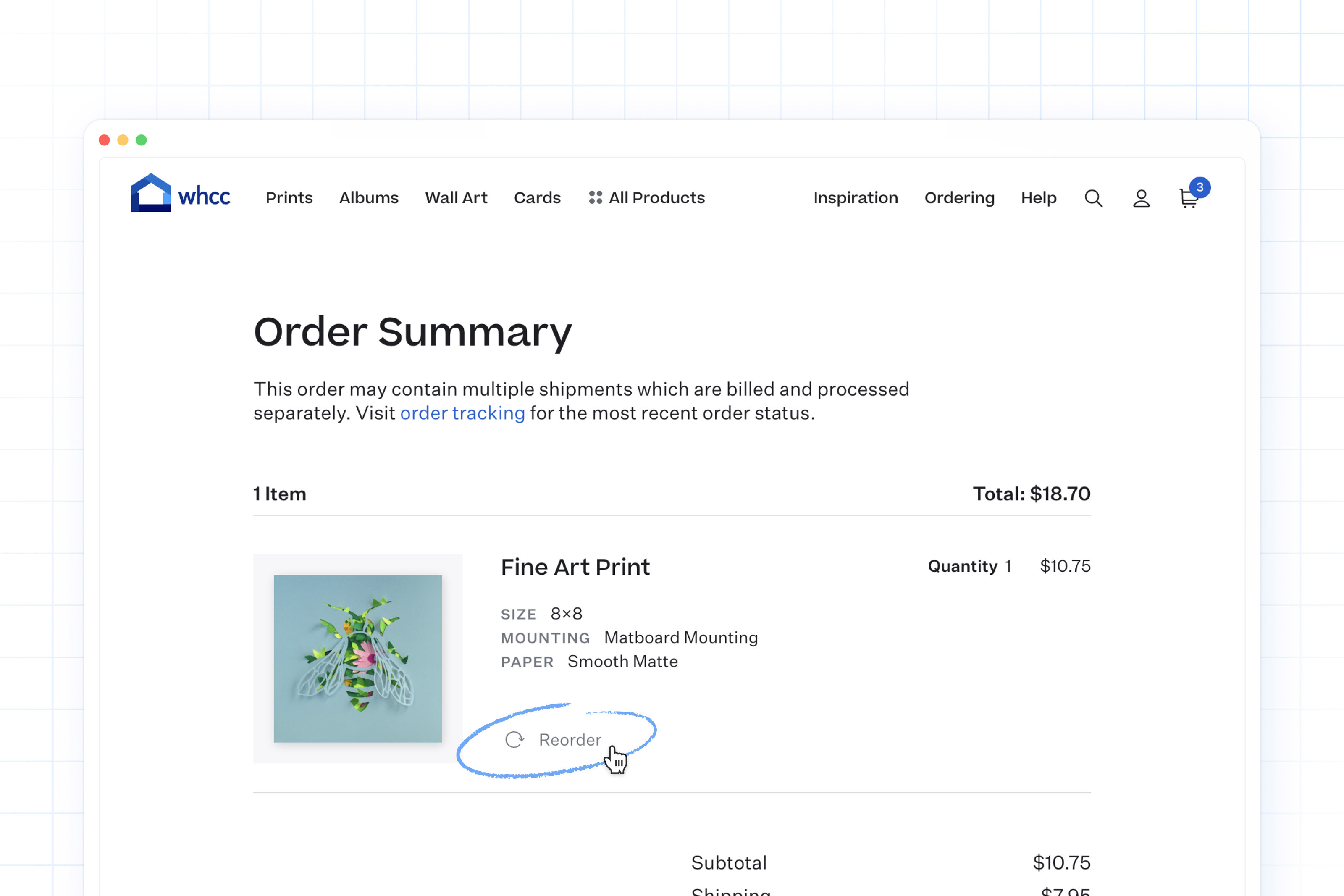Browser window screen capture over a white background with a grid pattern featuring an order summary screen for a Fine Art Print with the "Reorder" button circled.