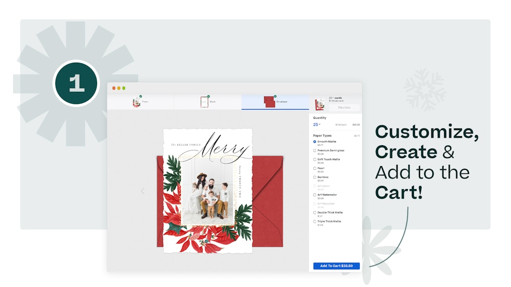 Direct ordering holiday card sales—customize, create, & add to the cart
