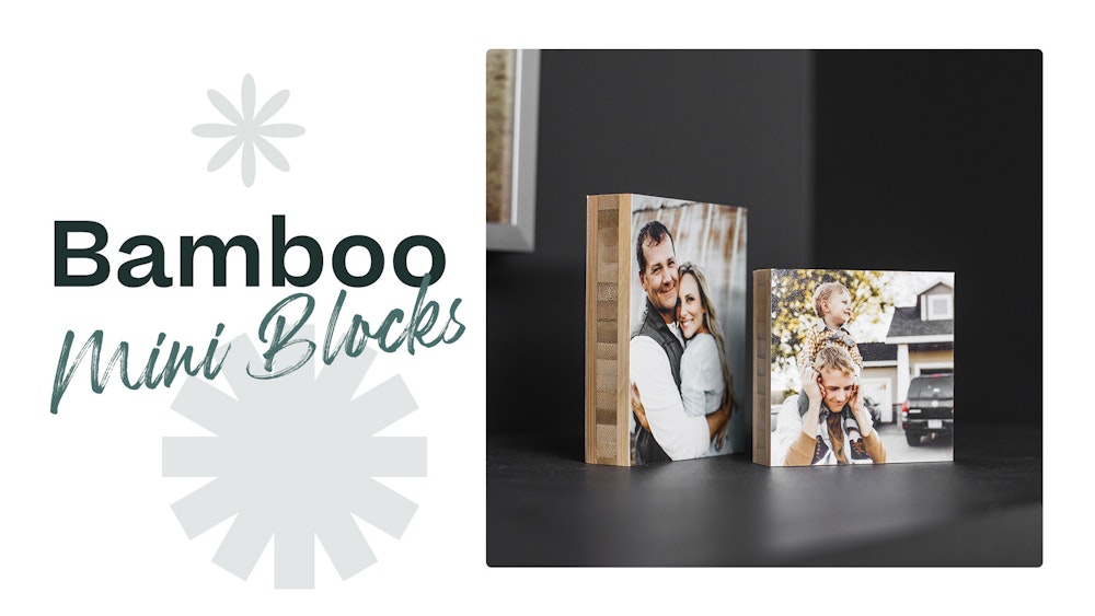 Bamboo Mini Blocks holiday family portraits on shelf with snowflake graphics