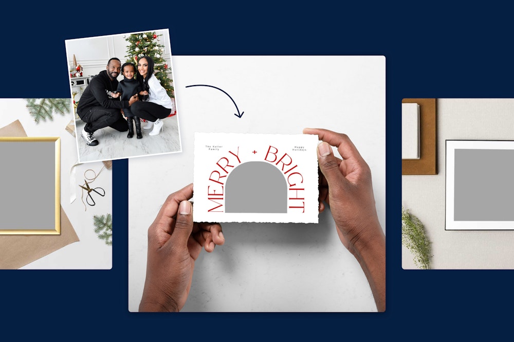 Graphic of holiday family portrait being placed in a card design, frame, and album mockup