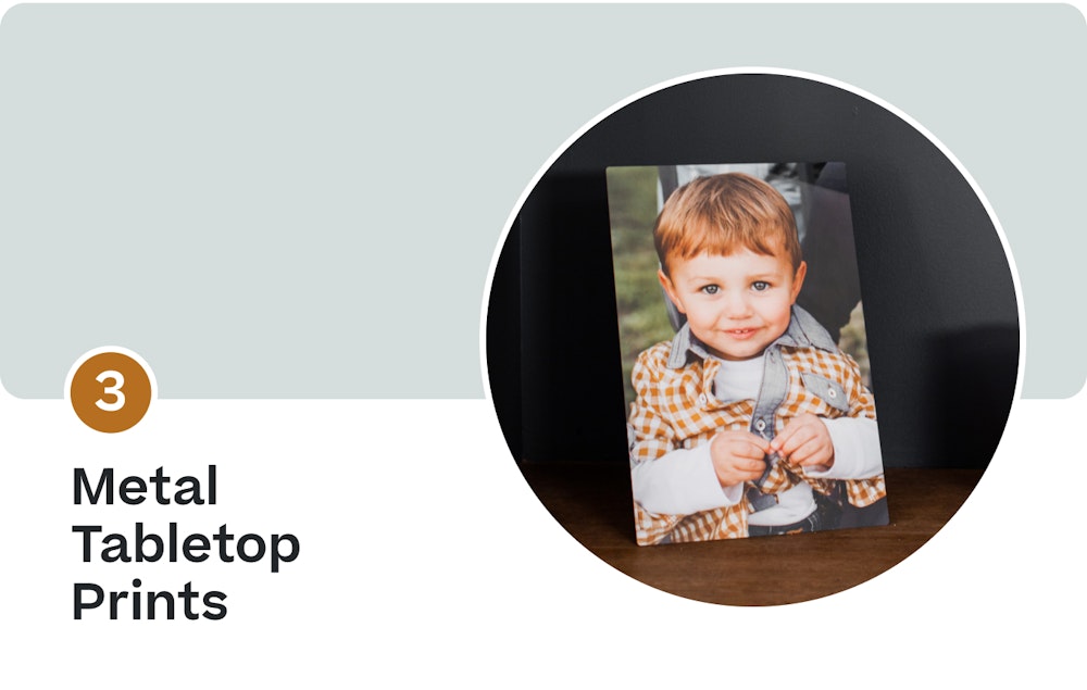 3 Metal Tabletop Prints—child portrait easel back metal print on shelf