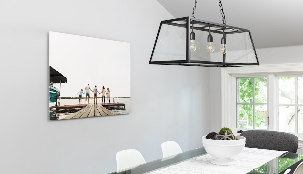 Large White Base Metal Print hanging on family dining room wall