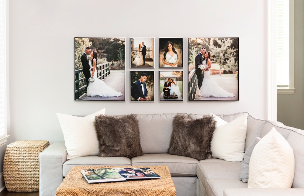 Wall collage of multiple Float Framed wedding Premium Canvas Gallery Wraps above couch in living room