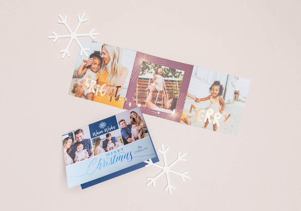 5x7 Folded & 5x5 Trifold holiday foil pressed card designs with paper snowflakes