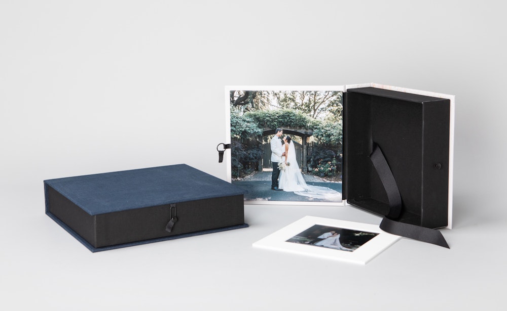 Navy material cover wedding Image Box with inside panel
