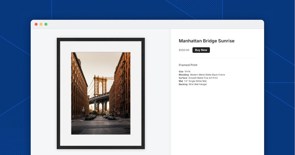 A web page displaying a Framed Print titled "Manhattan Bridge Sunrise" for $250. The print shows a view of the Manhattan Bridge from an urban street. Product details include size, mounting, surface, mat, and backing options. A "Buy Now" button is present.