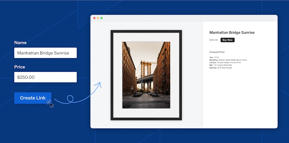 "Manhattan Bridge Sunrise" Framed Print payment link creation form and the resulting share page in a web browser