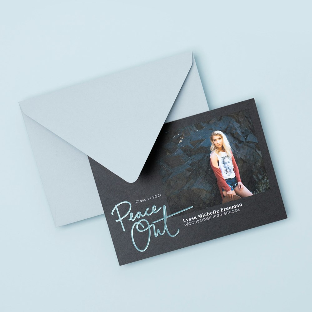 5x7 Flat Card with peace out foil design and Misty Blue premium euro flap envelopes