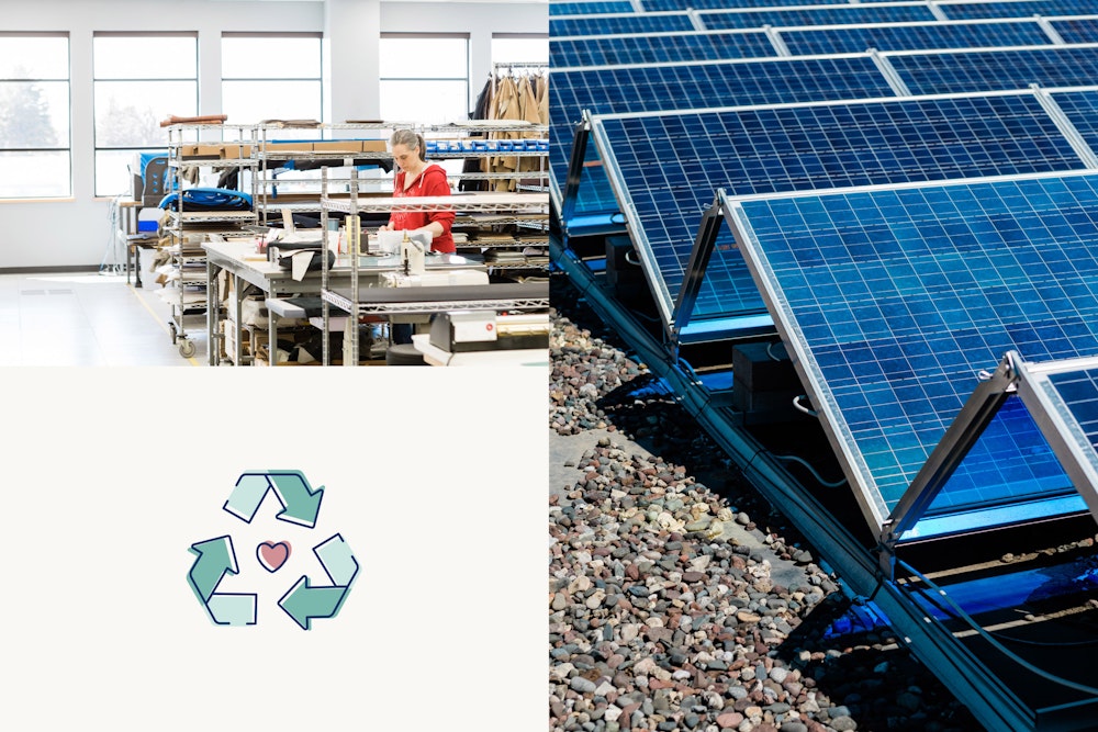 Sustainability collage with facility, solar panels, & recycling illustration