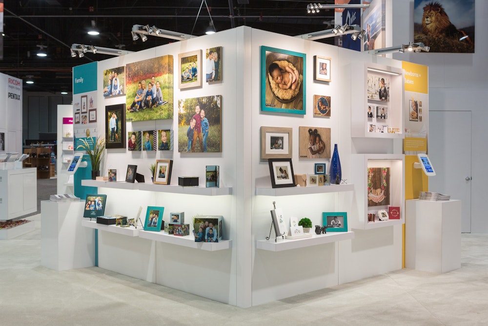Tradeshow booth with wall and tabletop artwork