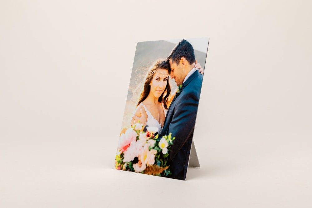 Metal Tabletop Print wedding portrait with easel back