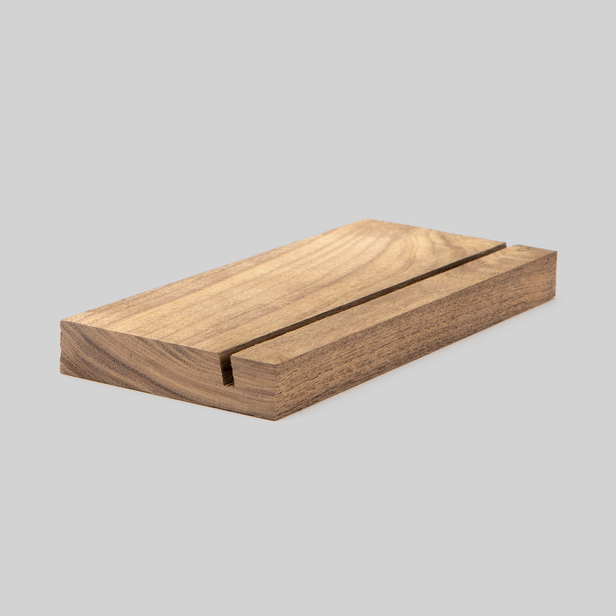 8-inch walnut Wood Display Stand at an angle on grey background